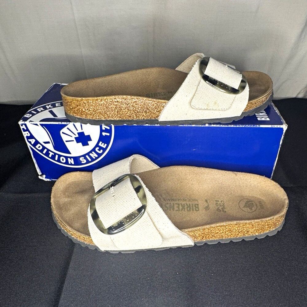 Birkenstock Madrid Big Buckle Slide Sandals Beige Canvas EU 39 US 8.5